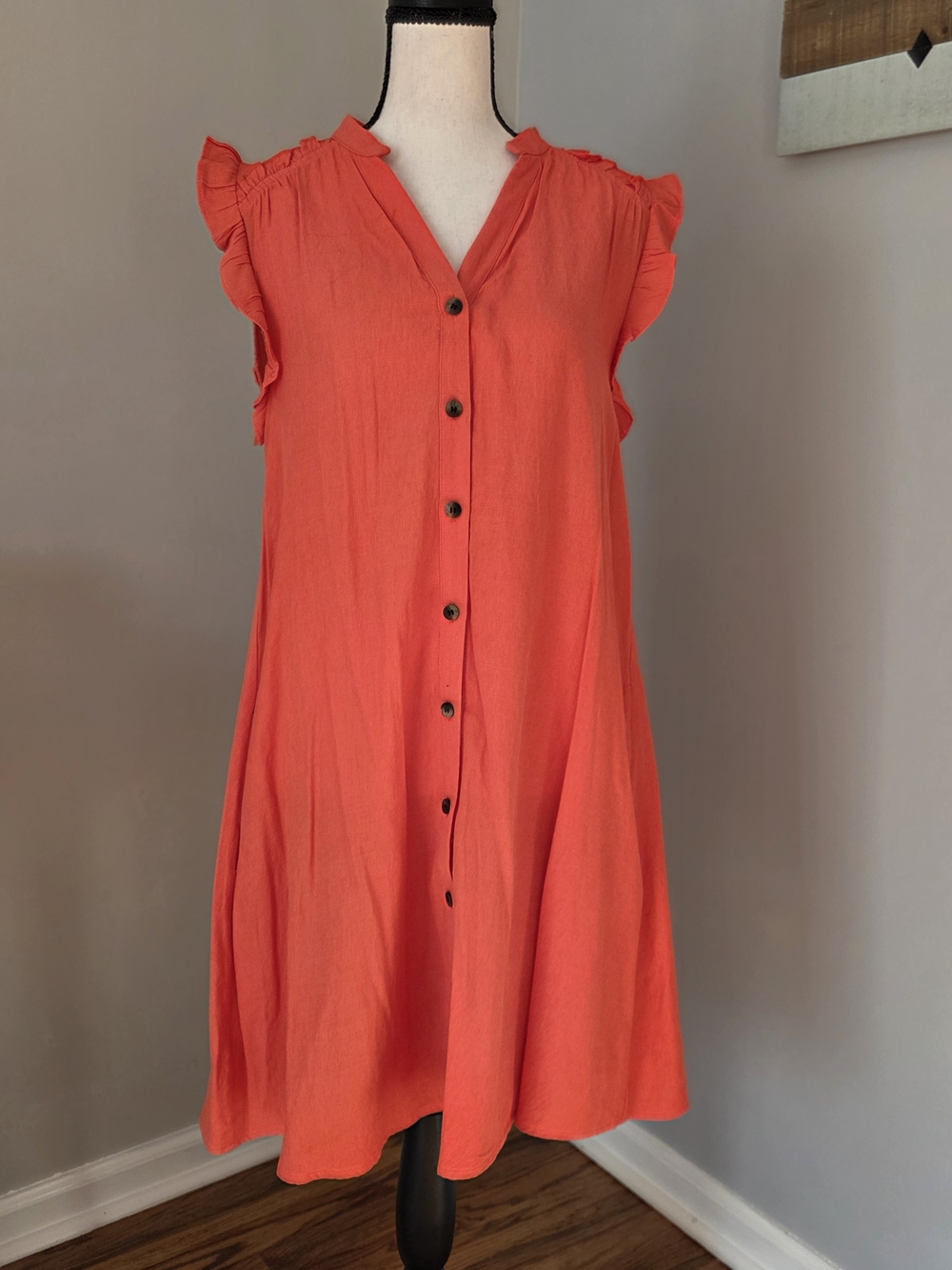 Cozy Casual Coral-Orange Ruffle Sleeve Button-Front Mini Dress